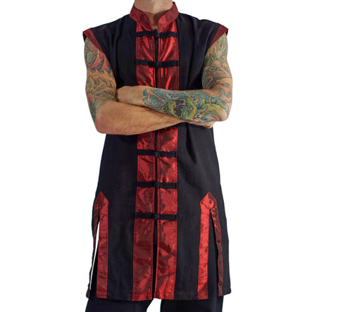 'Long Pirate Vest', Silk Trim - Red