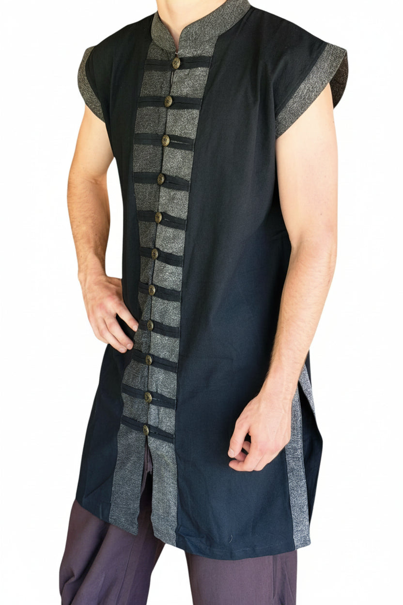 Long Pirate Vest - Black/Metal Buttons