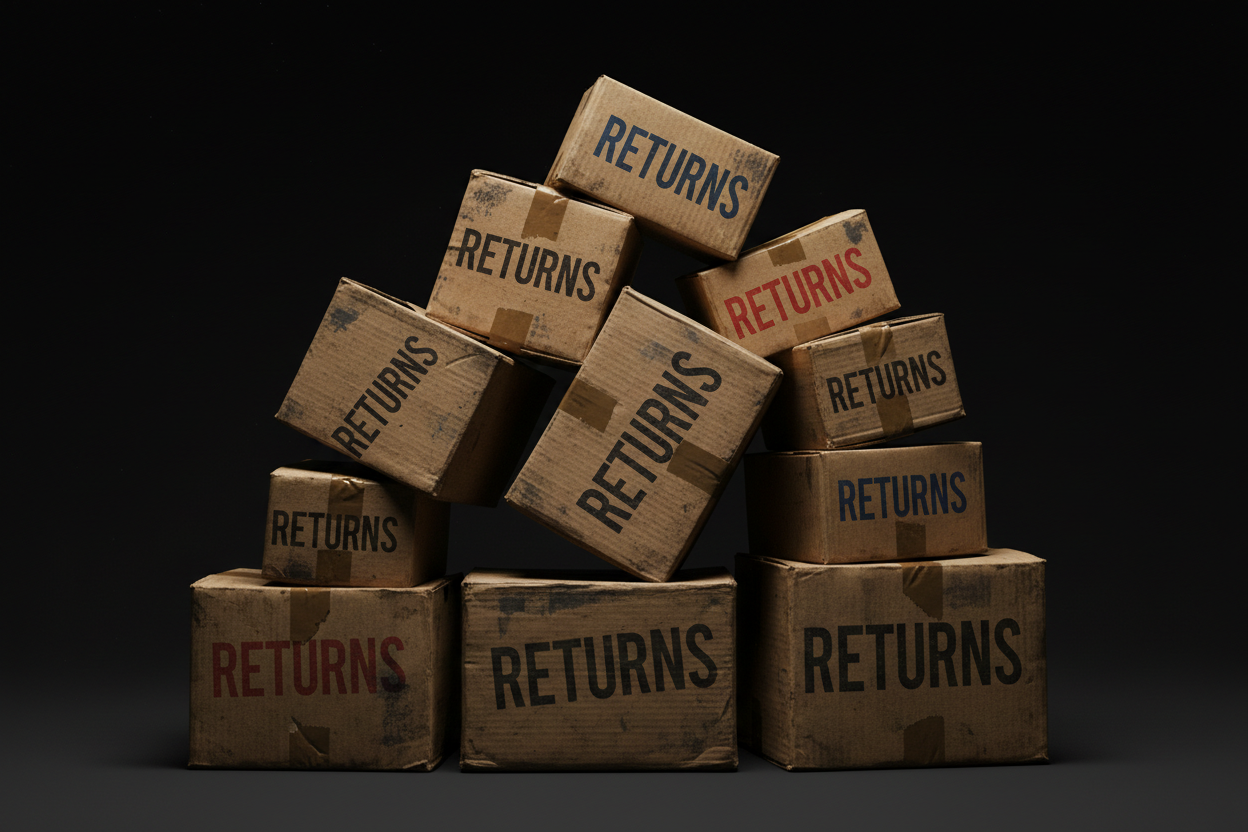 create a 16/9 image of old boxes with a black backround saying the word 'returns' on them