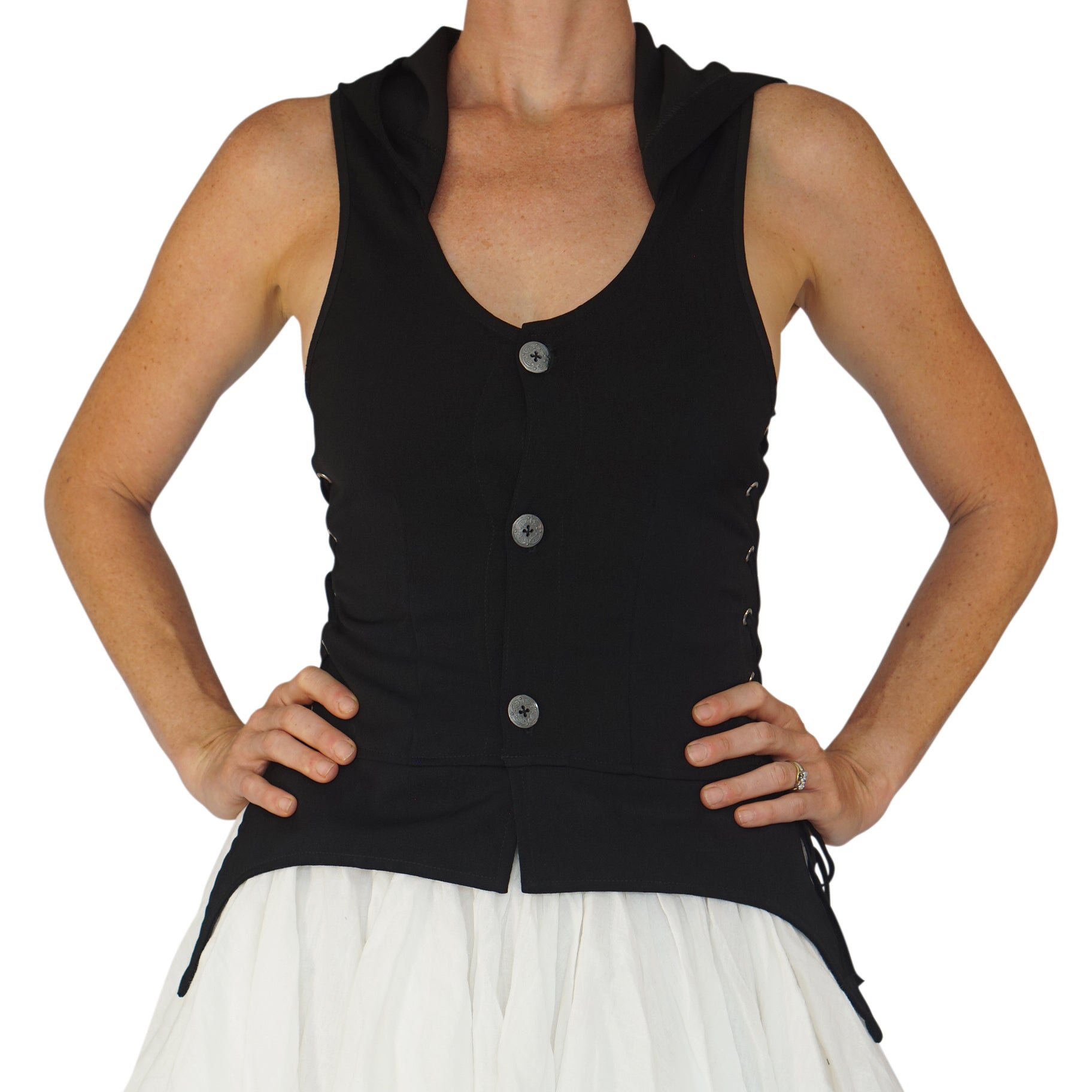Hooded Long Petal Vest - Black