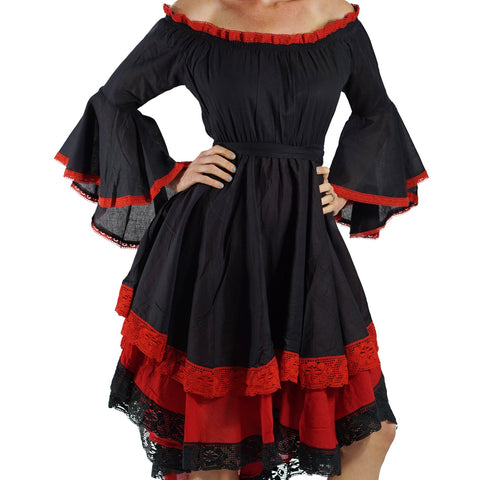'Lace Dress Long Sleeve - Black/Red