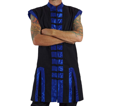 'Long Pirate Vest', Silk Trim - Blue