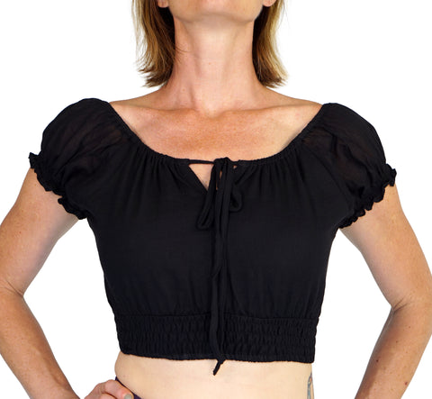 'Peasant Crop Top' Belly Showing Blouse - Black