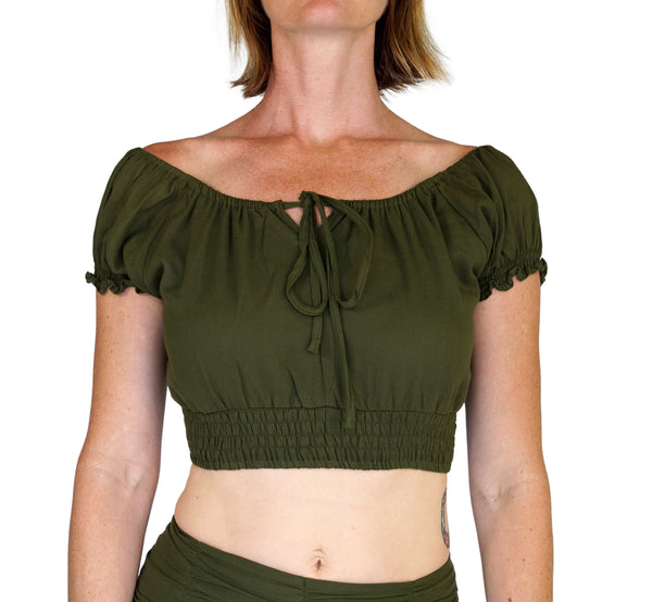 'Peasant Crop Top' Belly Showing Blouse - Green - zootzu