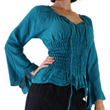 'Peasant Blouse' Long Sleeves - Teal - zootzu
