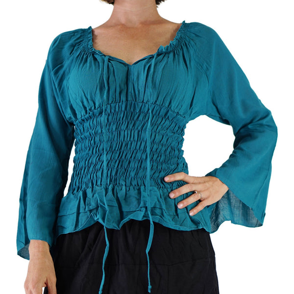 'Peasant Blouse' Long Sleeves - Teal - zootzu