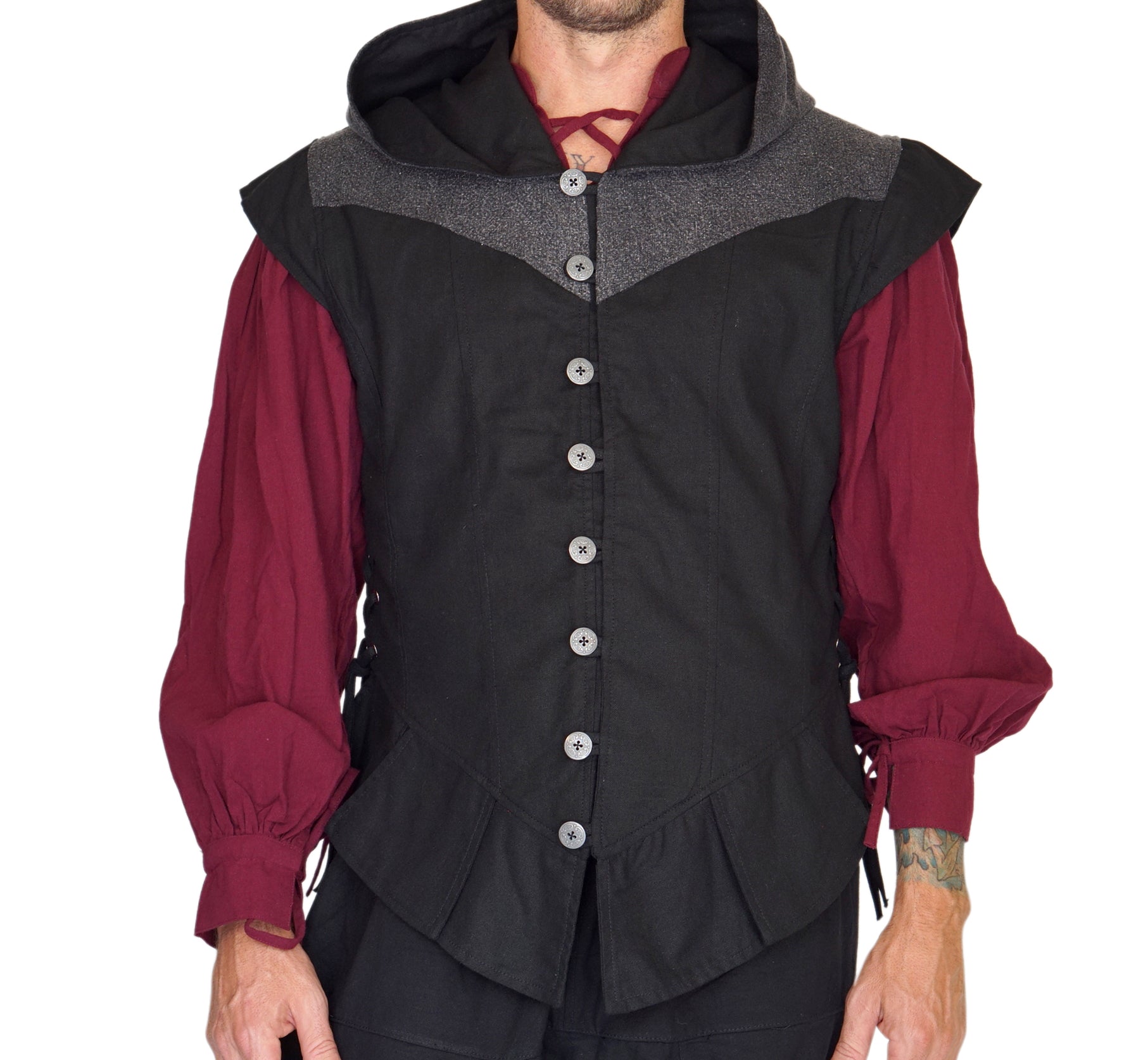 'Hooded Doublet' Steampunk Vest - Black/Stone Black - zootzu