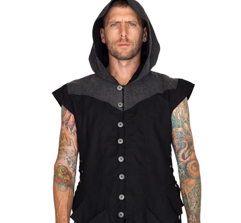 'Hooded Doublet' Steampunk Vest - Black/Stone Black