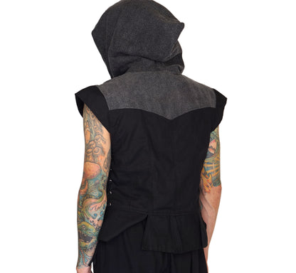 'Hooded Doublet' Steampunk Vest - Black/Stone Black - zootzu