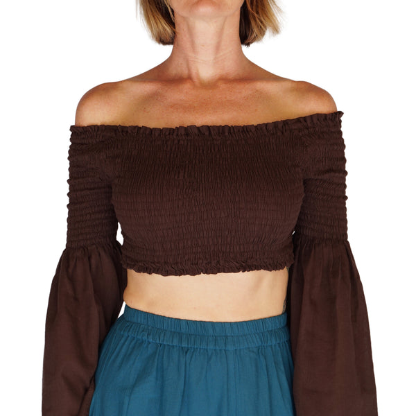 'Pixie Shirt' Womens Belly Showing Top Peasant Blouse - Brown