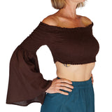 'Pixie Shirt' Womens Belly Showing Top Peasant Blouse - Brown