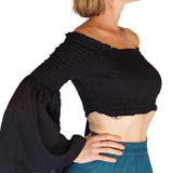 'Pixie Shirt' Womens Belly Showing Top Peasant Blouse - Black