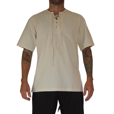 'Round Collar' Shirt, Short Sleeves - Cream