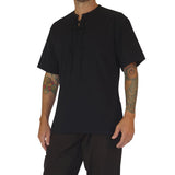 'Round Collar' Shirt, Short Sleeves - Black
