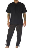'Round Collar' Shirt, Short Sleeves - Black