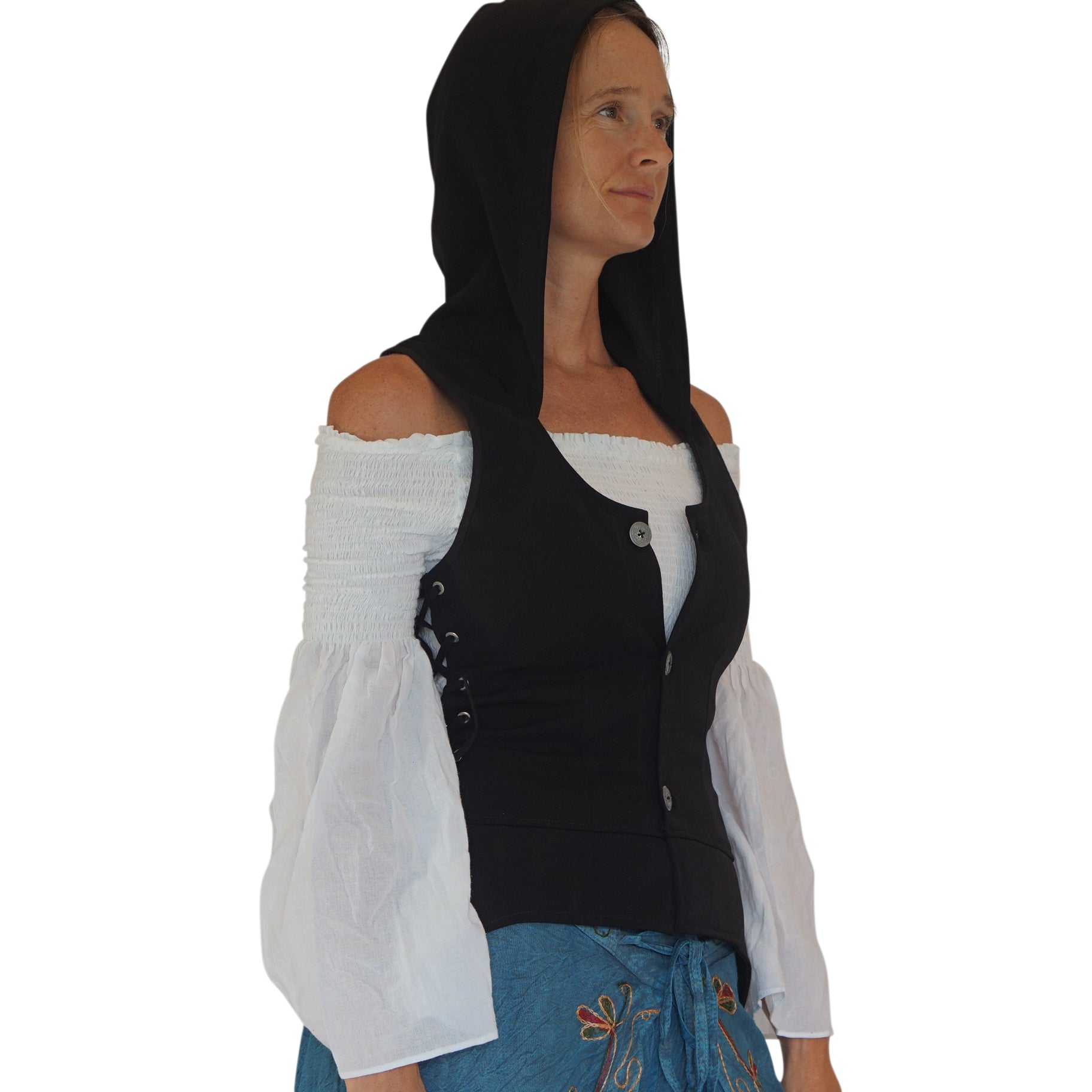 Hooded Long Petal Vest - Black