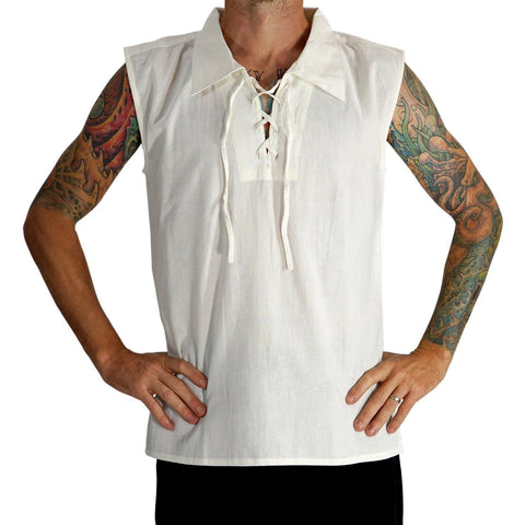 'Rogue' Medieval Sleeveless Shirt - Pointed Collar, Cream