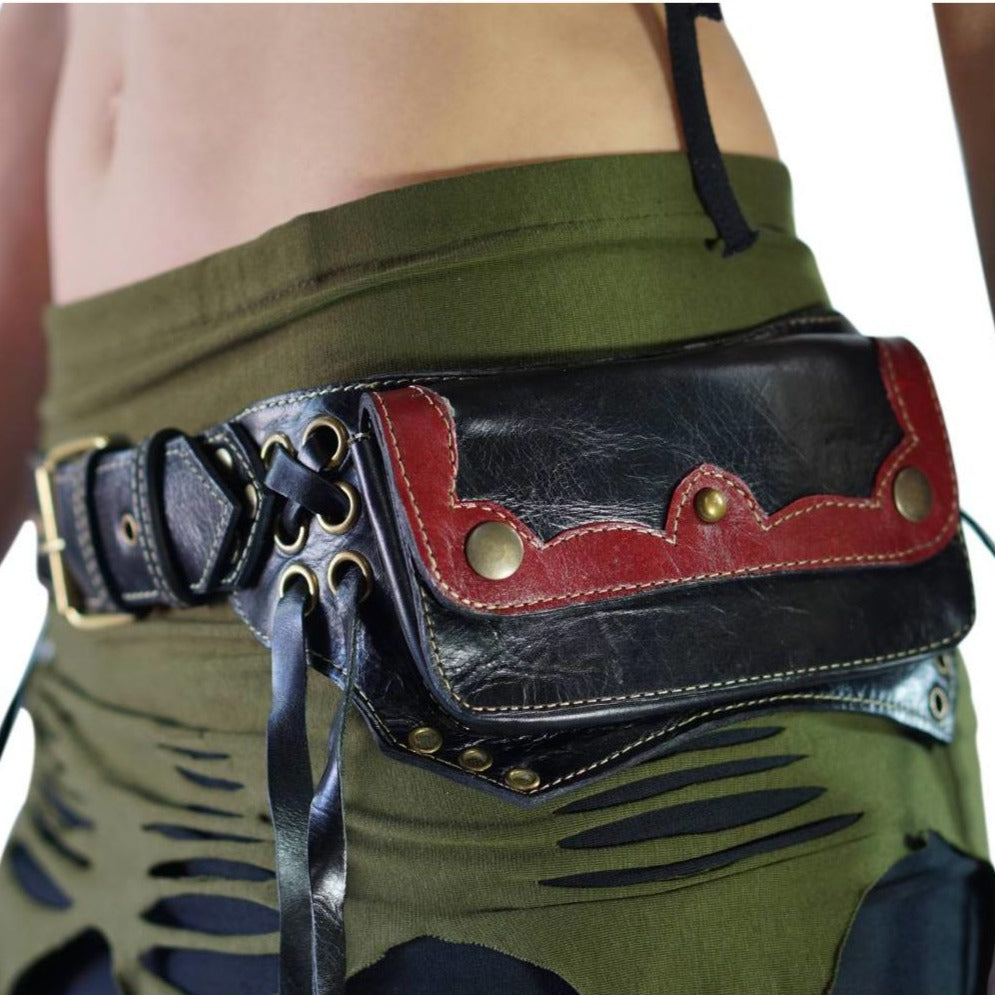 Lill' - Boho  Leather Utility Belt -  Black/Red - zootzu