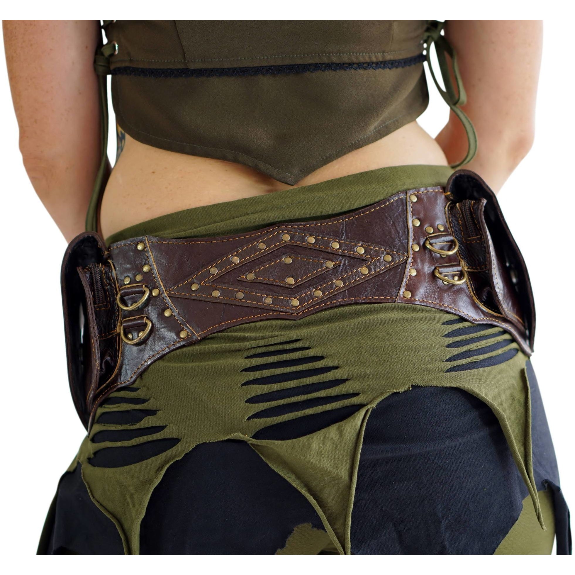 'Double Leaf Diamond' Leather Utility Belt- Brown - zootzu