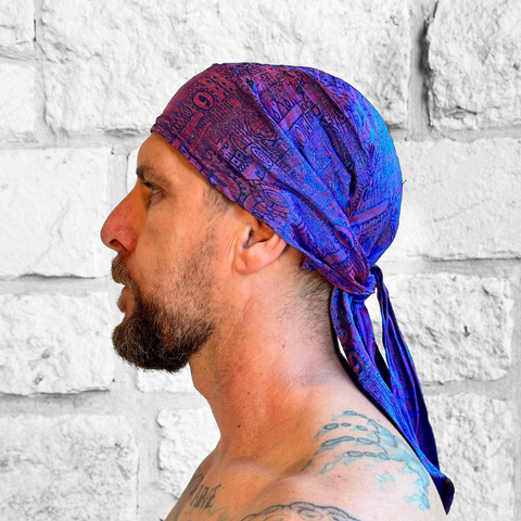 'Pirate Bandana' Medieval Hat, Silk - Blue/Red Sheen