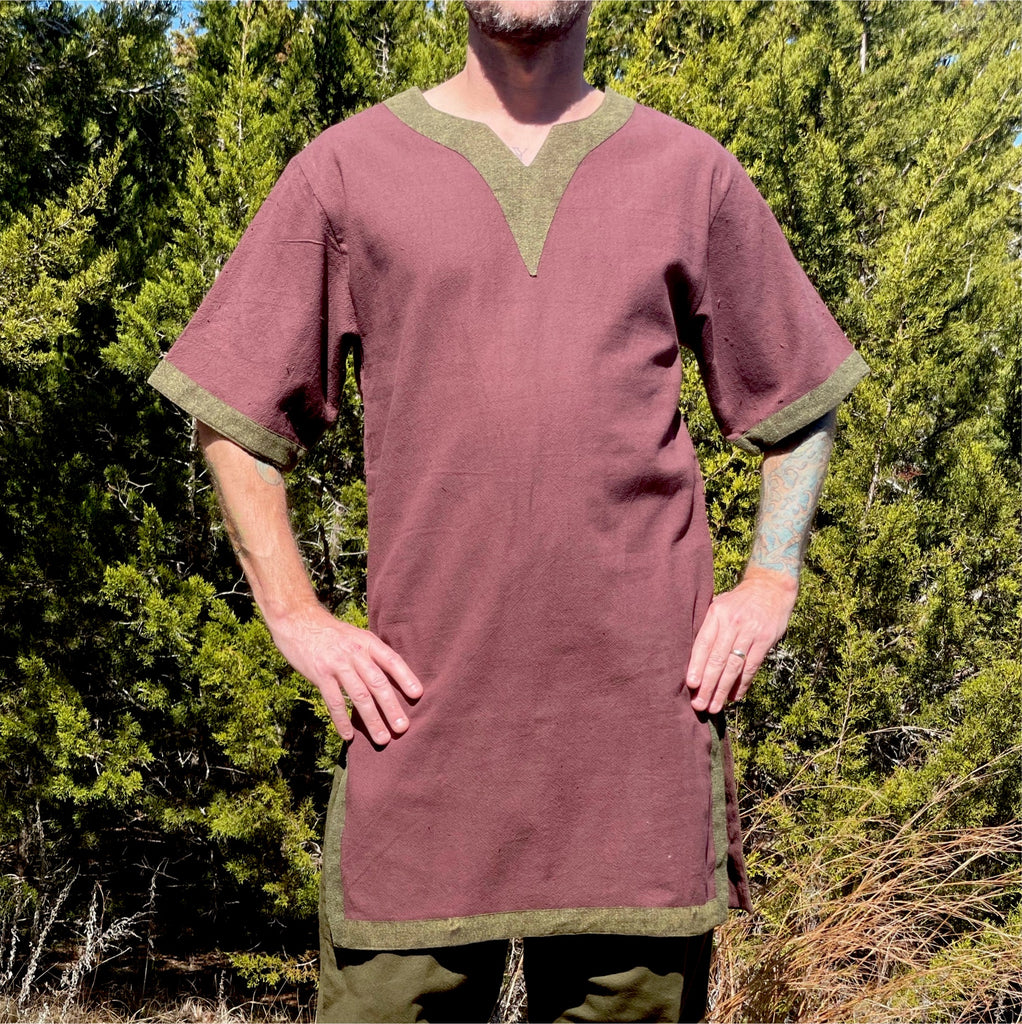 Viking Shirt Short Sleeves' Tunic - Brown/Green Trim