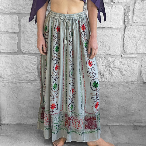 'Flower Long Skirt' Embroidered Rayon - Grey